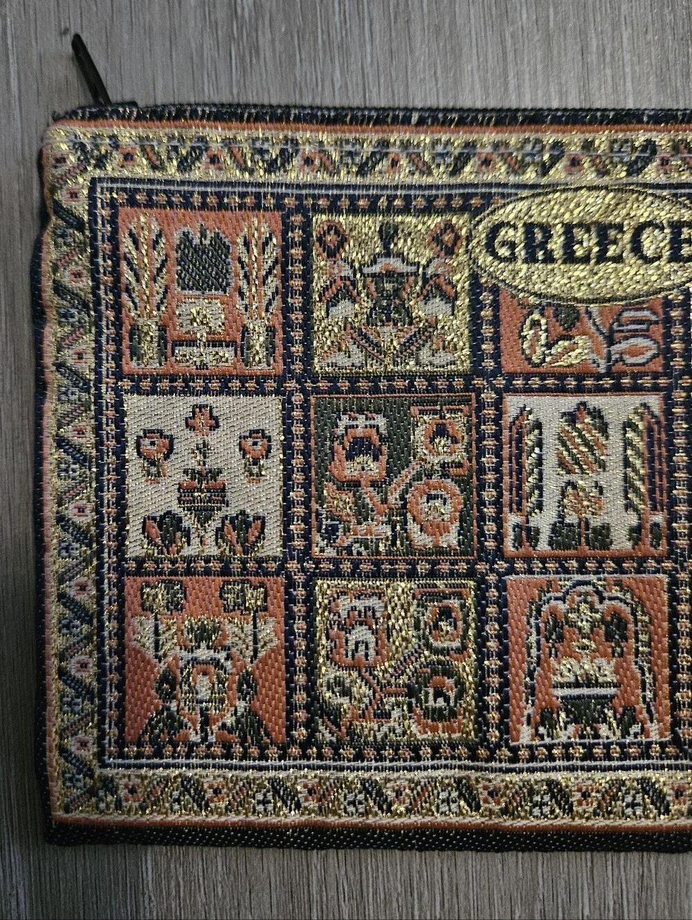 Source Unknown Greece Tapestry Zip Pouch - Black, Cream, Brown, Green, Orange
